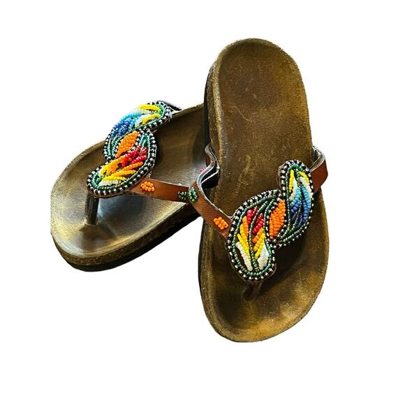 Beaded Leather Hand Crafted Sandals US Youth Sz 10 Unbranded Cork & Leather‎ - Picture 1 of 7
